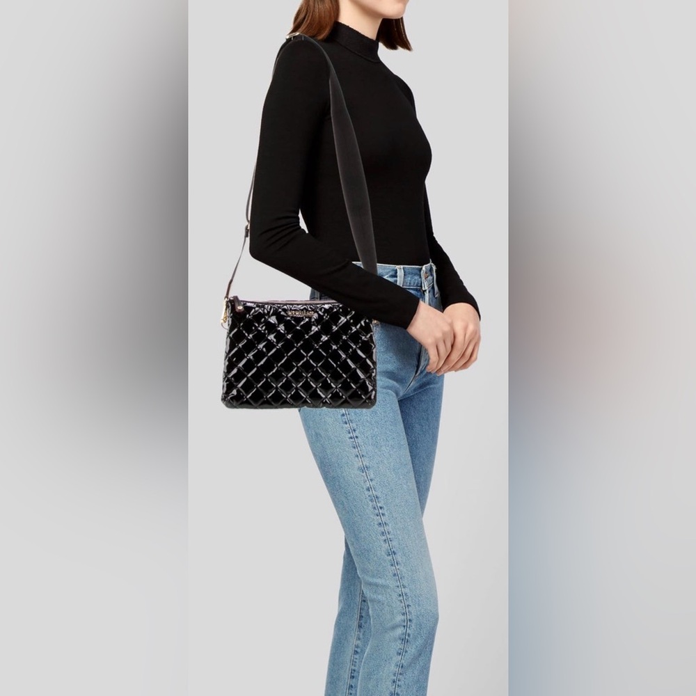 ⭐️ MZ WALLACE Crosby Pippa crossbody  Bag In Black Lacquer/gold NEW  3 straps - Picture 3 of 16